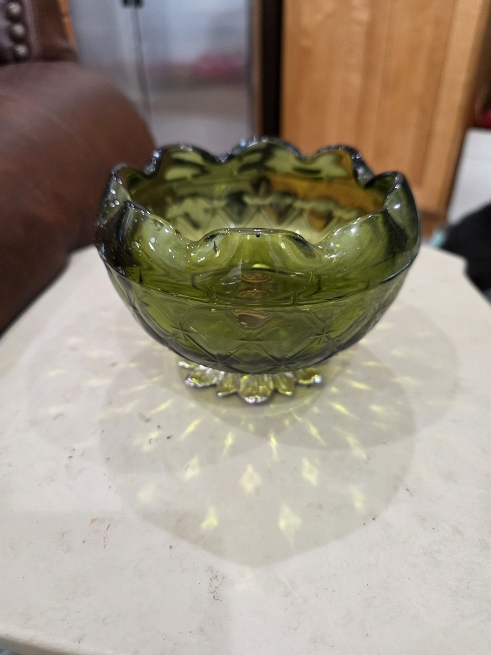 Olive Green Pressed Glass Scalloped Bowl